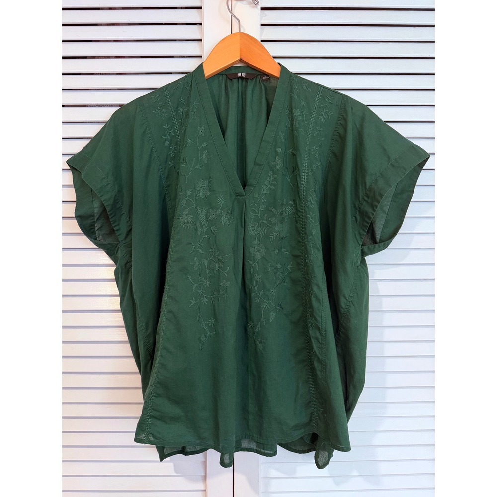 Uniqlo Embroidered Oversized Cropped Cotton Lawn Top Deep Green Medium